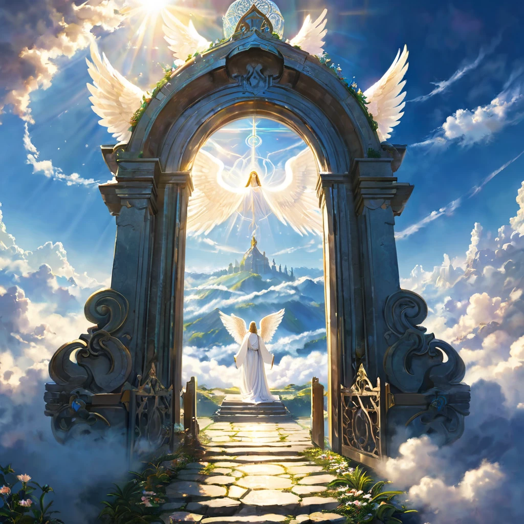 Shrine above the clouds, An angelic visit, Perfect lighting, Return the gate, A sacred space filled with light.