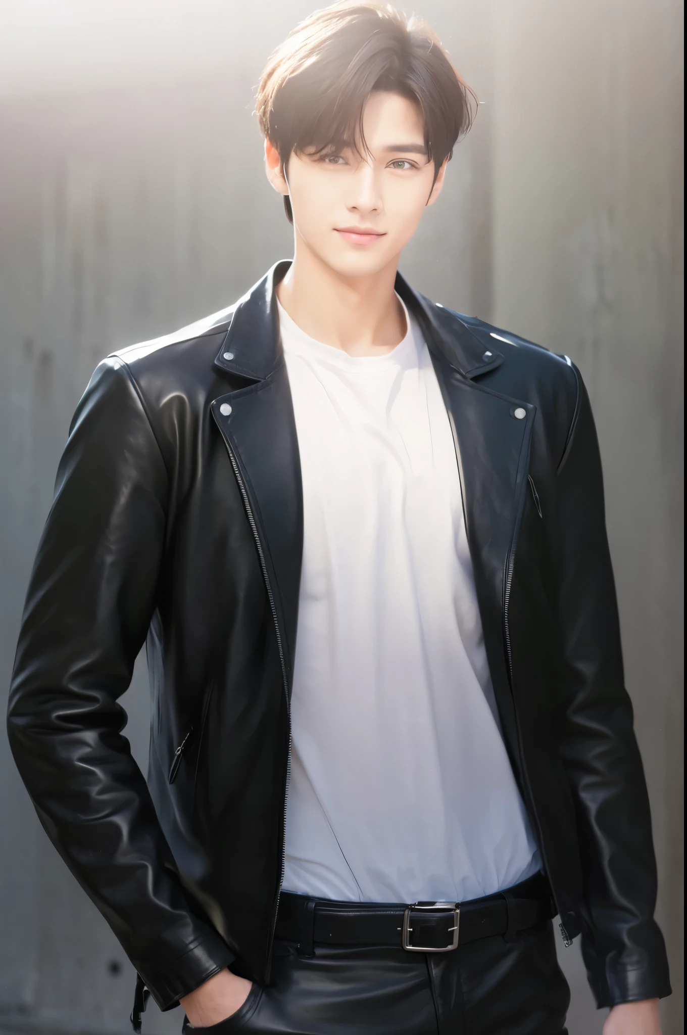 at office,wearing black leather jacket,two block haircut, Attractive man,Live-action photo,Handsome and sunny,(SLR effect,Reality,8K,Hyper-detailing,Absolute realism)
