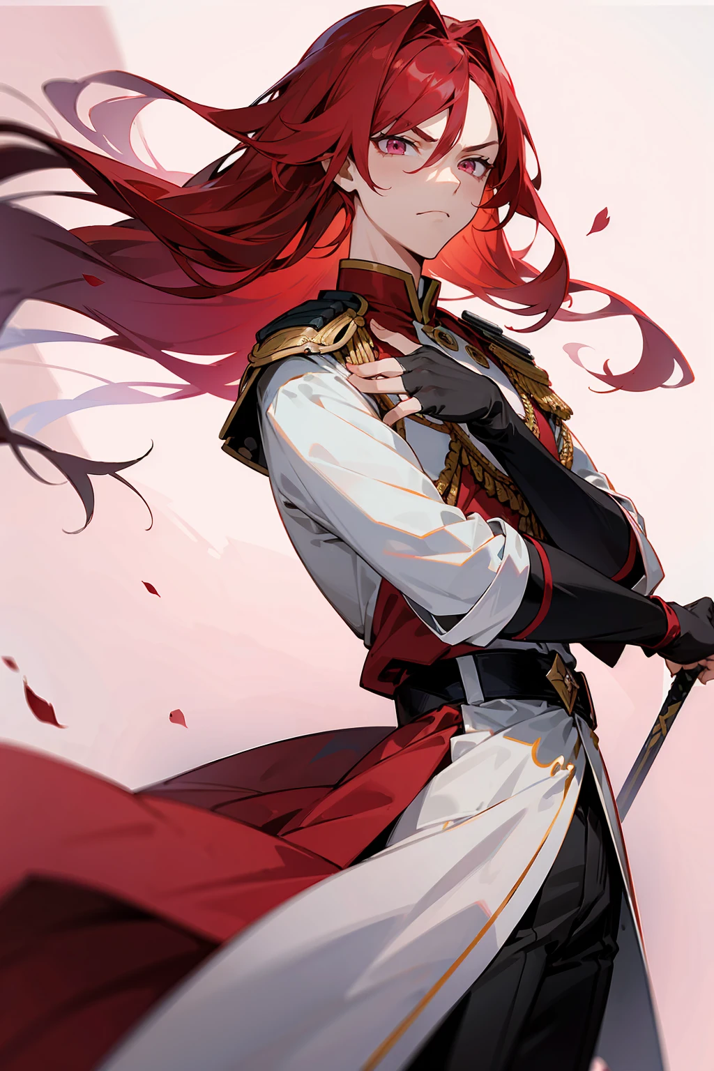 1male, Red Hair, Unique Royal Guard Combat Clothing, Straight Hair, Pink Eyes, Serious Expression, , Adult