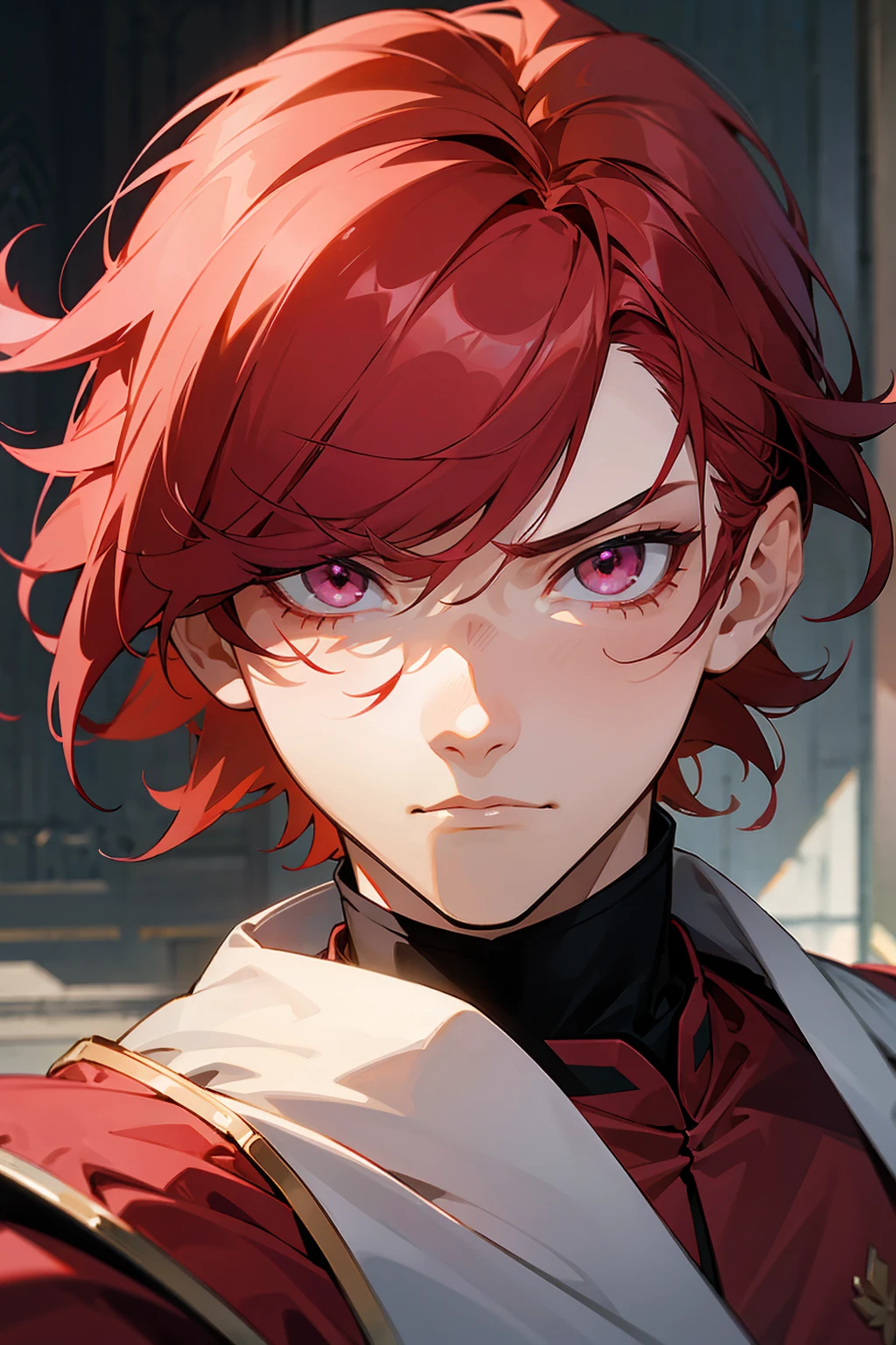 1male, Red Hair, Unique Royal Guard Combat Clothing, Straight Hair, Pink Eyes, Serious Expression, , Adult