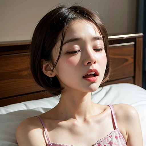 ((lying)), 1girls, fetal position, closed eyes, sleepy, (brown very short hair:1.2), (light brown hair), (medium breasts:1.4), (photorealestic:1.4), (Top image quality:1.0), (UltraHighResolution:1.0), 8K, Raw photography, (A masterpice:0.2), ((t-shirt)), (sweat, wetty:1.1), portlate, facefocus, total body, no bra, ((no pan)), ((on bed)), ((erected nipples)), in the morning,