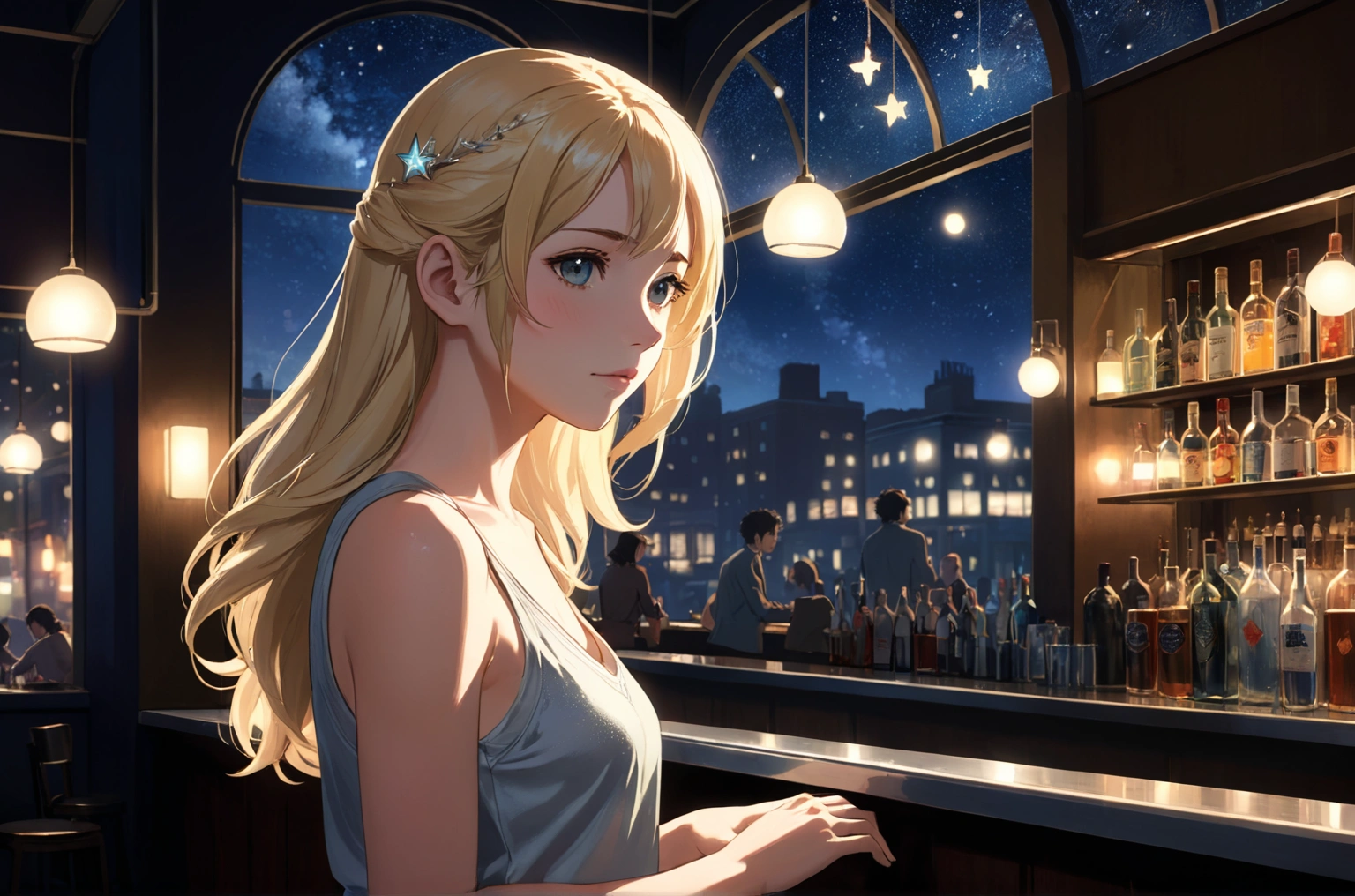 Uses Makoto Shinkai's depiction perfectly,Portrait of Halie Loren,8k 4k masterpiece photo ,London,A jazz bar with a glass ceiling,The twinkling stars can be seen through the glass windows.,It's a dark night outside,Jazz is playing,Close-up of profile,Beautiful in profile,Semi-long hair,Blonde,Look in a different direction,Standing alone at the counter,silver tank top,Large bust,Same character as before、At the same store as before