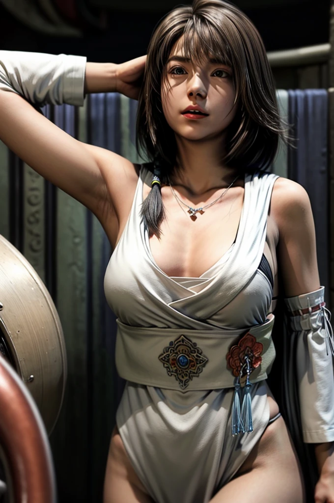 One girl, alone,,Removable sleeves, necklace,Yuna、,FFX,
Ultra-high resolution, photograph, photographrealistic, Very detailed, Detailed face, cute woman, 
Huge thick breasts, (masterpiece, high quality),View your viewers, (rich:1.4), 髪をなびかせるattractive, attractive, dream-like, , ((Thick bangs)),Micro Bikini、Tiny swimsuit、Too much exposure、Protruding nipples、Sweating all over、