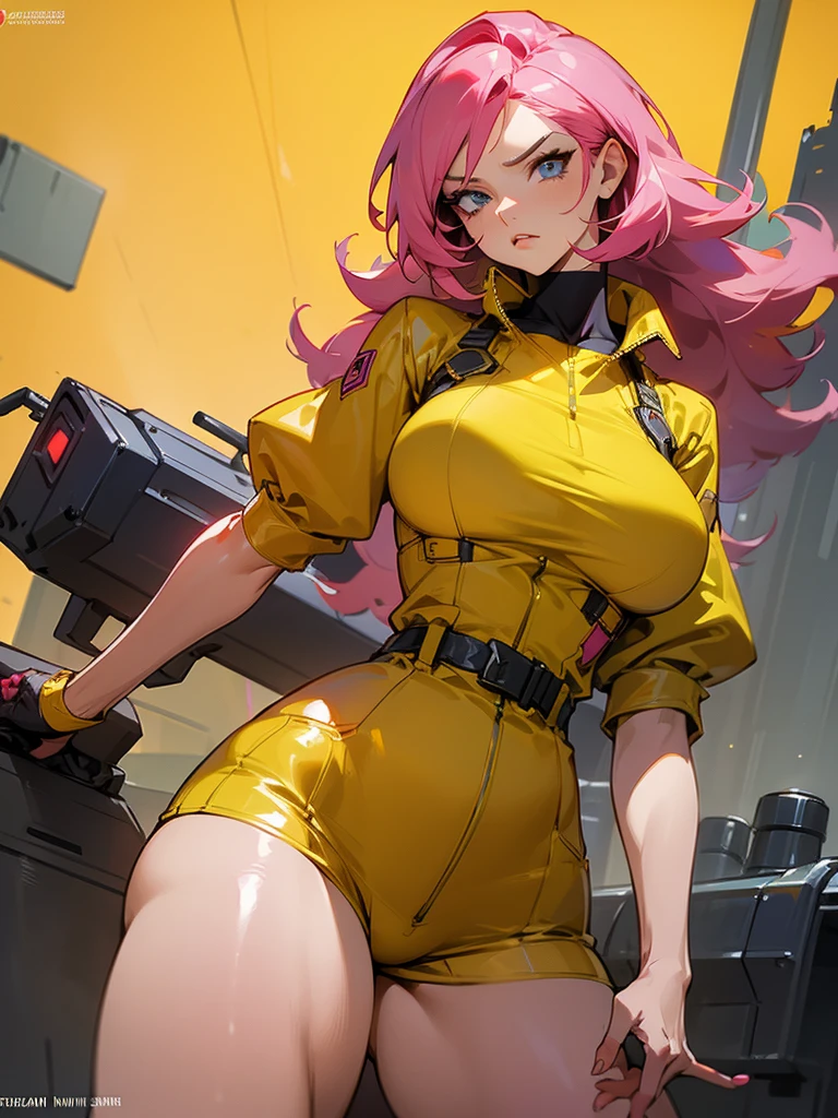 Mature woman with serious look, Facial Focus, big pink hair, shining blue eyes, wearing a mustard yellow jumpsuit, breasts big, looking 35 years old, eye on the spectator, look to the camera, , the background is a cyberpunk battlefield, Free hands, thick-thighs, ((look ahead)), Masterpiece artwork,