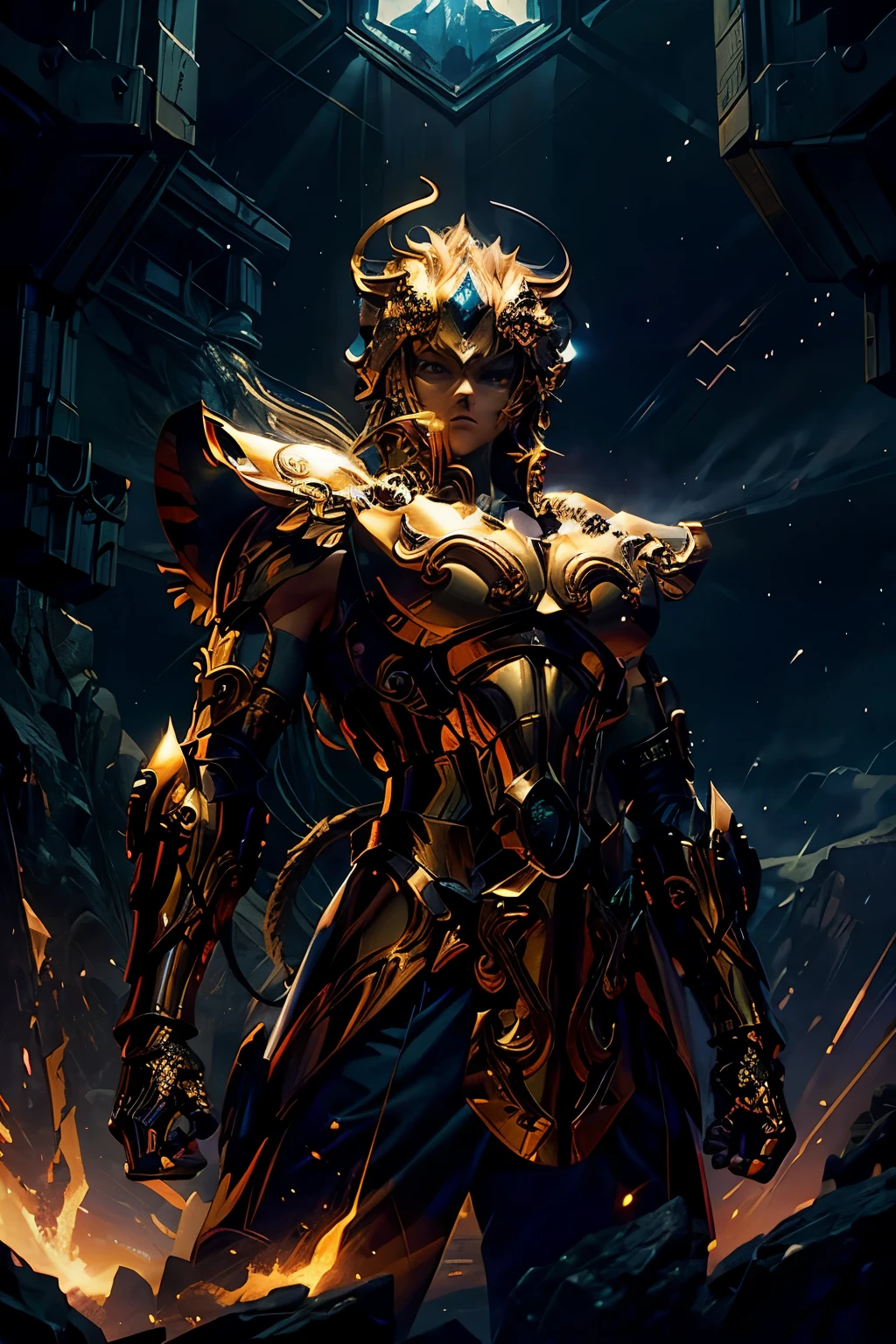 artwork of T-shirt graphic design: A lion warrior, embodying the spirit of Master Chief from the Halo series, is the central focus of this 2022's anime-inspired design. The high-quality artwork showcases intricate details, capturing the warrior's muscular physique, his iconic helmet, and the ferocity in his gaze. The background features a futuristic cityscape, hinting at the anime style, while the overall design boasts ultra-high resolution and cinematic lighting, ensuring a striking visual impact on the T-shirt. The anime-inspired style, coupled with the lion warrior's powerful presence and the Halo's Master Chief