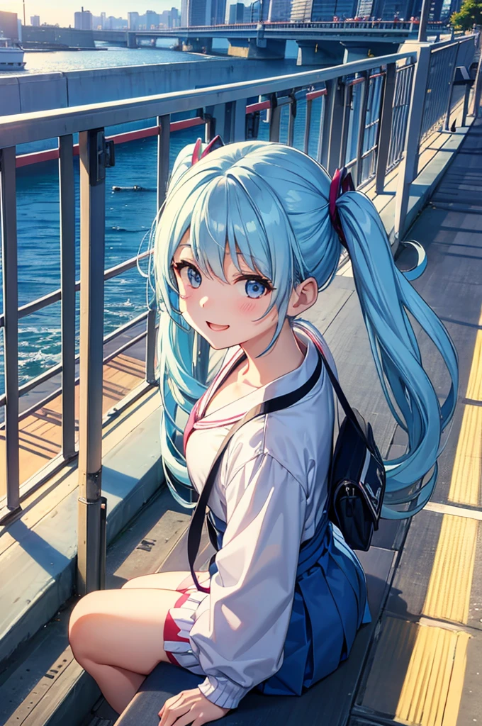 Light blue long hair、Beautiful girl with twin tails、Bright smile、From the top of Meganebashi Bridge、Watching the sun set over the city