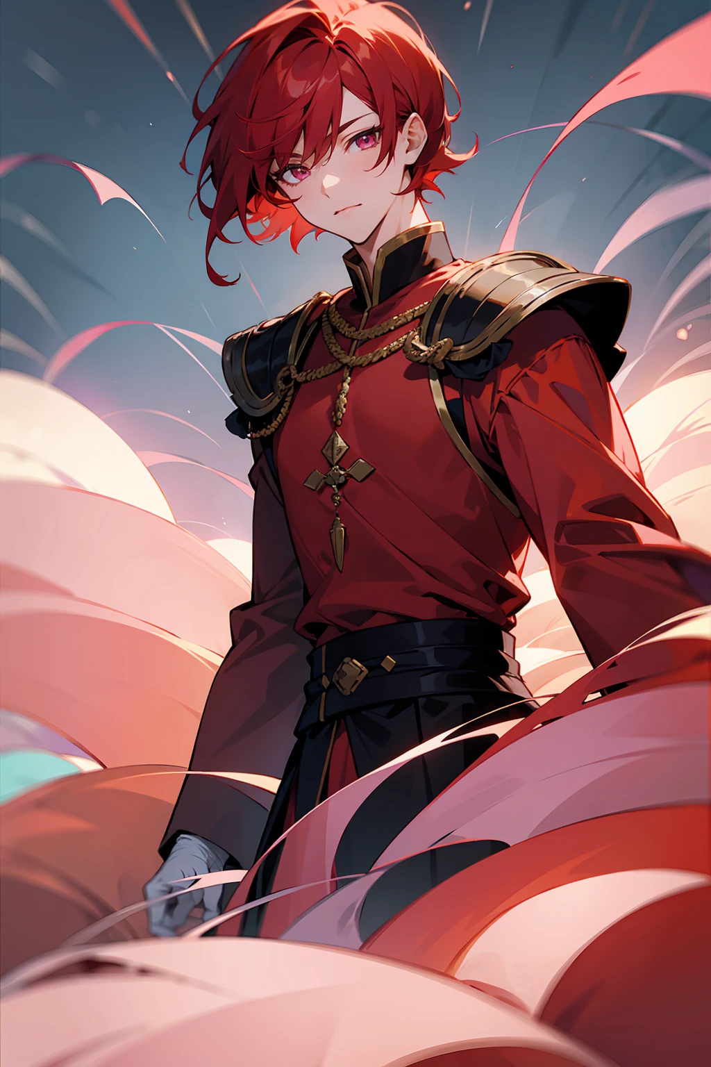 1male, Red Hair, Unique Royal Guard Combat Clothing, Straight Low Cut Hair, Pink Eyes, , Adult