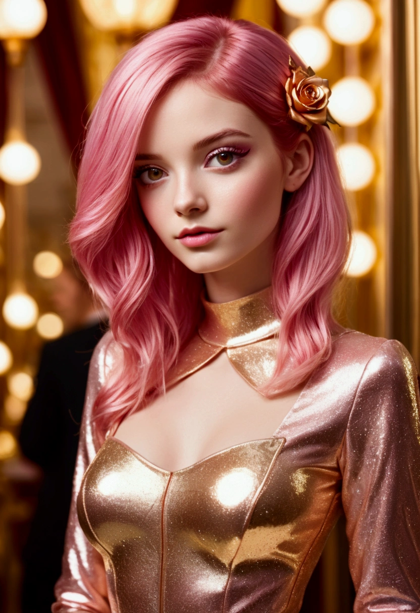 Adorable fair skinned pink haired magenta eyed European  and slender young woman pink gold rose gold color theme outfit