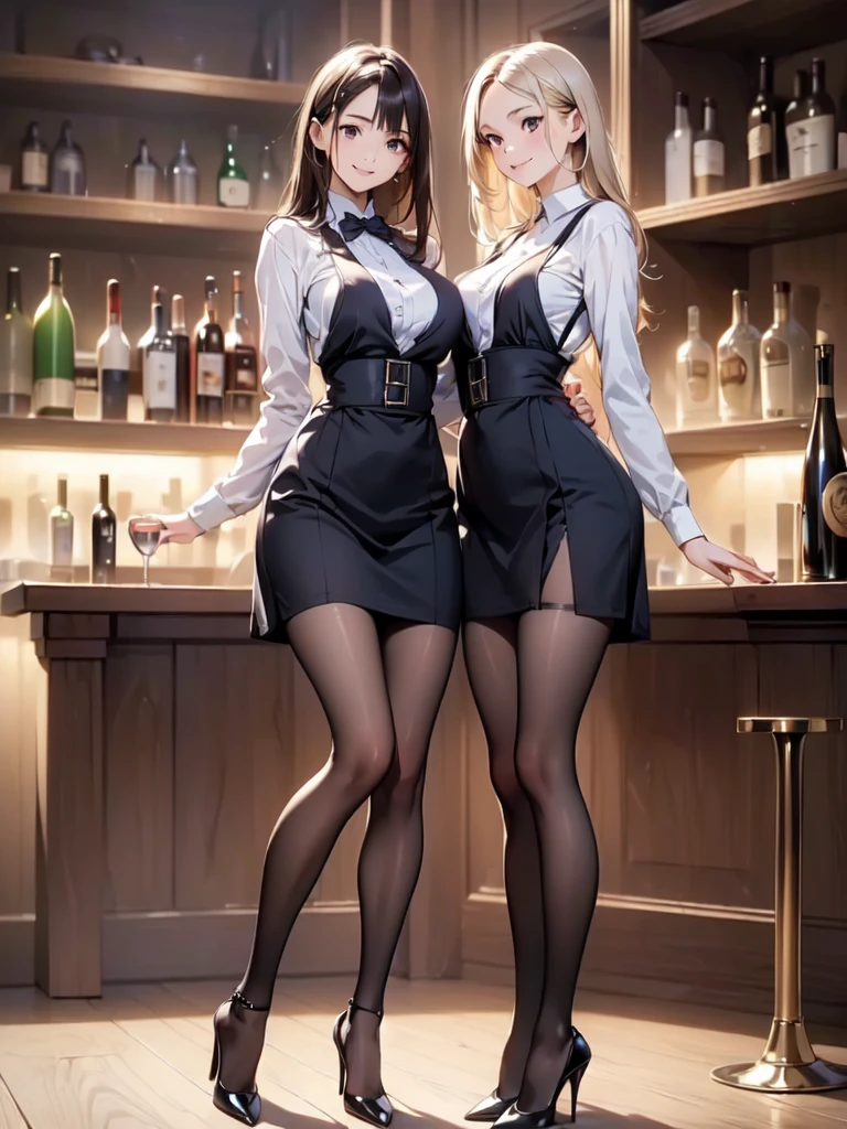 (masterpiece:1.3),(best quality, highest quality),((Full Body Shot,Including face)),1girl,Standing position,4K,masterpiece,((Focus on the face)),((Symmetrical facial features)),Beautiful woman,slender,Beautiful feet,((High heels,Patterned stockings with straps)),Detailed depiction of the face,(Panty shot),(Staff uniforms),bar counter,bartender,Realistic,(smile)