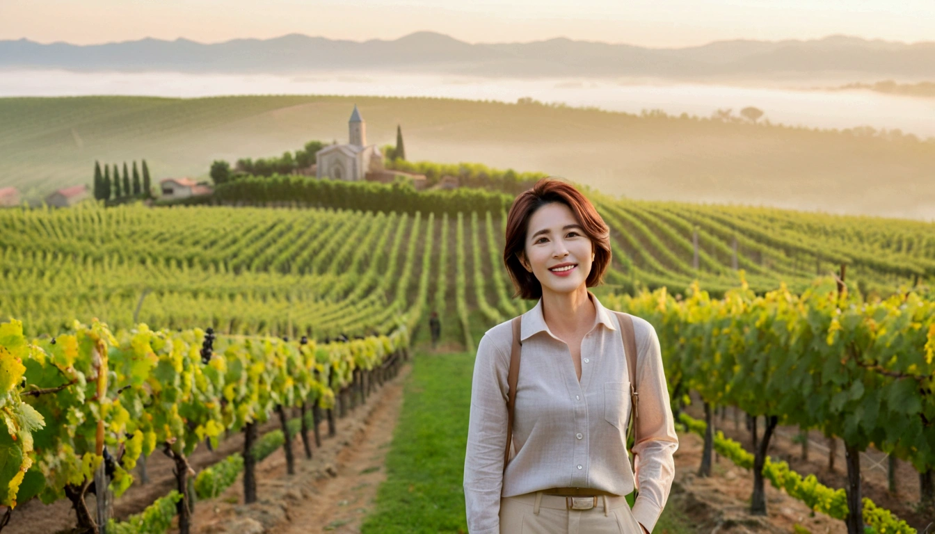 best quality, In 8K, 32K, Photo of a beautiful 36-year-old Korean woman, short medium hair, Inspired by Son Ye-jin, whole body, face focus, Shirt that goes up to the neck and a short cardigan from a luxury brand, beige casual pants, Italian countryside vineyard background, Ranged、make a happy face, 새벽 진한 한개속 The cathedral is visible in the distance, There is thick fog, path, looking up the side, Wear a shirt that covers your chest, The cathedral is visible in the distance, Photo of endless vineyard scenery, look up the side. thick dawn fog, Well-groomed hair, Photo of an elegant and modest woman, Endless vineyards, Vivid picture quality, Clear picture quality, The cathedral is visible in the distance. 언덕 위 path, shirt that covers the chest
