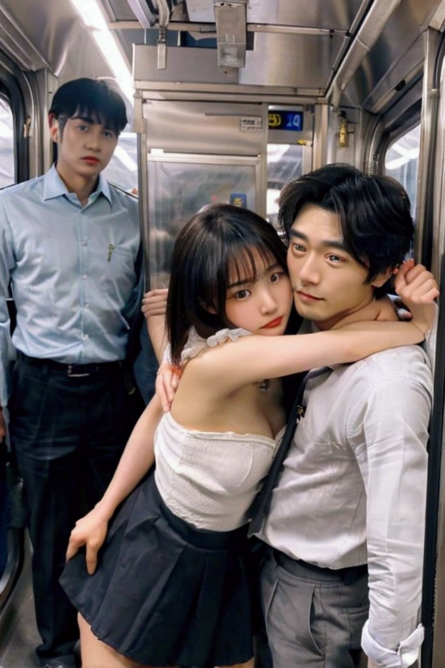Perfect Face、Real、A beautiful woman、handsome man、Character portrait, crowded train、Woman being raped、He hugged her from behind and grabbed her breasts with his left hand.、A man touching inside a woman&#39;s skirt with his right hand、Sex
