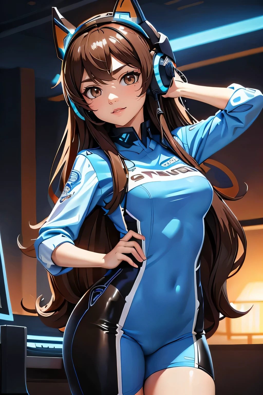 Brown long-haired。Brown eyes。Cybercore。Cowboy shot。Smirking。Wearing gaming headset。 Wearing blue and white。 sexy horny
