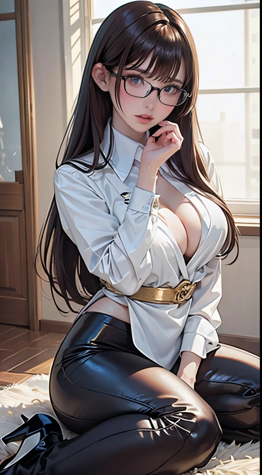 Random pose,Extreme Close-up,Movie Scenes,Fantasy art,Best image quality,Hyperrealist portrait,(8k),Ultra-realistic,最high quality,high quality,High resolution,high qualityの質感,Attention to detail,Beautiful details,Fine details,Highly detailed CG,Detailed Texture,Realistic facial expressions,masterpiece,before,dynamic,bold,1 Girl,Highly detailed skin,curve,,Beautiful breasts,Large Breasts,Pale skin,Pointed Chest,Erect nipples,(Very fine hairs),(Very soft hair),(Super Straight Hair),Long, slicked bangs,Very light coppery amber hair,Hair on one eye, , (lawyer, Powerful, Chic black suit, White blouse, pants suit, High heels, Glasses, Serious, Self, enthusiasm, Spiel, Stand up and read the document, Glassesを手で押し上げる,)