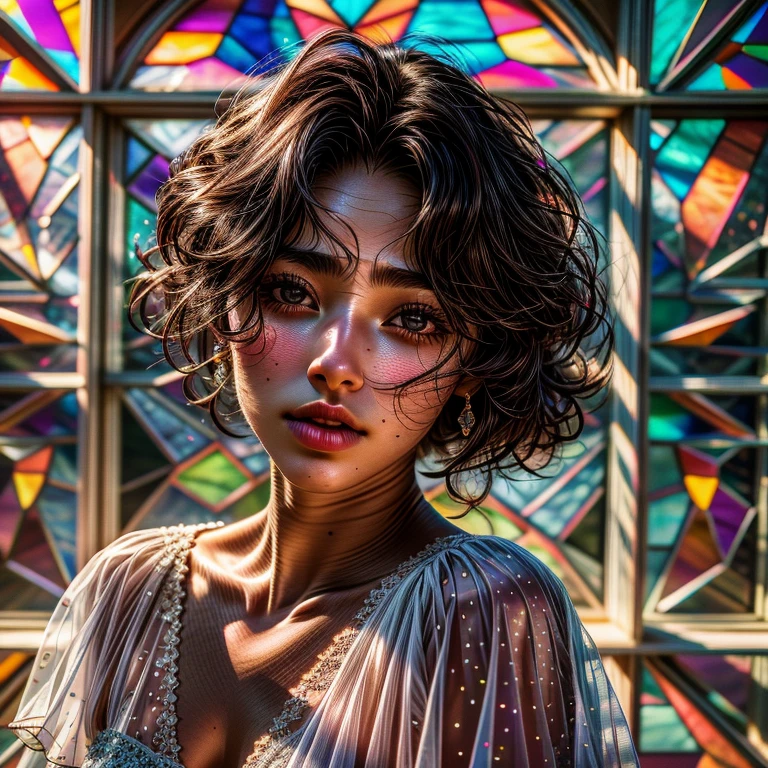 SFW, concept art, Tiny junior idol, Delicate lace knitted white clothes, (nipple:-0.9), face closeup, (Dazzling stained glass Background), (((Renbutsu Misako), colorful Light shines through delicate stained glass:1.2, vivid red colors, lense Particle, lens flare, light Particle, Acutance:0.8)). (masterpiece:1.2),(ultra-detailed:1.37),(realistic,photorealistic,photo-realistic:1.37), (Extremely detailed KAWAII face variations, innocent expression variations), rosy cheeks, intricate detailed eyes with sparkling highlights, long eyelashes with volume, subtle blush on the face. Mystic sight, haze, impeccable skin texture, captivating gaze, ((Dynamic-angle, physically-based rendering)), whole Body proportions and all limbs are anatomically accurate .