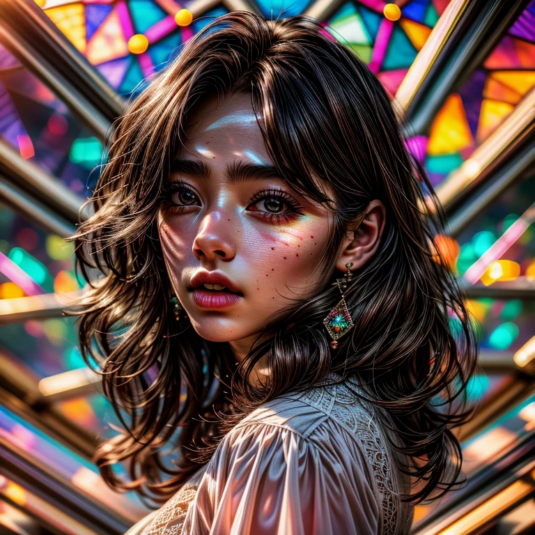 SFW, concept art, Tiny junior idol, Delicate lace knitted white clothes, (nipple:-0.9), face closeup, (Dazzling stained glass Background), (((Renbutsu Misako), colorful Light shines through delicate stained glass:1.2, vivid red colors, lense Particle, lens flare, light Particle, Acutance:0.8)). (masterpiece:1.2),(ultra-detailed:1.37),(realistic,photorealistic,photo-realistic:1.37), (Extremely detailed KAWAII face variations, innocent expression variations), rosy cheeks, intricate detailed eyes with sparkling highlights, long eyelashes with volume, subtle blush on the face. Mystic sight, haze, impeccable skin texture, captivating gaze, ((Dynamic-angle, physically-based rendering)), whole Body proportions and all limbs are anatomically accurate .