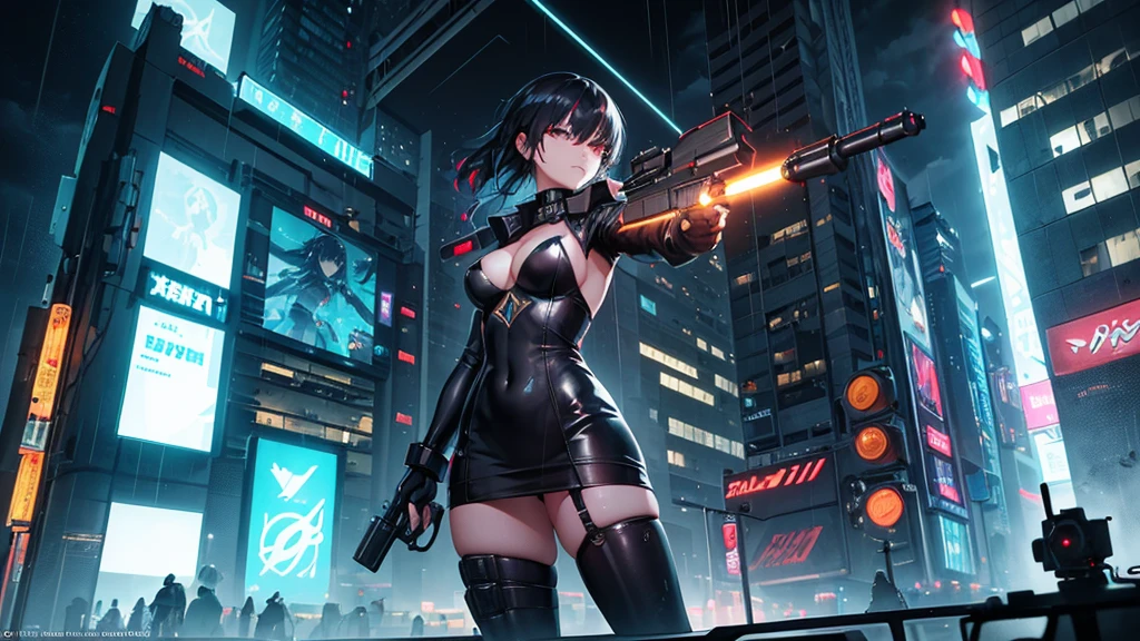 realistic, dark and mysterious atmosphere, futuristic cyberpunk, vibrant colors, electrifying sparks, glowing neon signs, rain-soaked streets, towering skyscrapers, futuristic technology, intense and dynamic pose, lightning bolts, high-voltage energy, intense expression, stormy clouds. at
night. 1girl, solo, alone, large-breast:1.2 slim body, cleavage:1.1, sexy wind blowing wet dress:1.4, (headphone, black sunglasses), (((((she raised:1.8 a pistol:1.8 and took aim at viewer))))), dynamic pose, (((half-body thigh level medium shot))), cinematic lighting, lens flare, ray tracing.