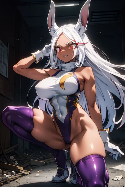 Abandoned building, peeling wallpaper, broken windows, dusty floors, Spooky atmosphere,rubble,weed,Collapsed building,
Rumi Usagiyama, long hair, animal ears, white hair, rabbit ears, dark-skinned female, muscular,
rabbit girl, muscular female, (red eyes:1.5), (parted bangs:1.5), (complete anatomy),
High resolution,Sharp focus,(Super detailed,Very detailed),(Very detailed CG unity 8k wallpaper),(((Vibrant colors))),{best illustration},
Complex eyes,Beautiful Eyes,Symmetrical eyes,Big eyes:1.5,Seductive eyes, (((dark skin,dark_skin,lustrous skin:1.5,bright skin: 1.5,
skin tanned, shiny skin,very shiny skin,Shiny body,plastic glitter, skin,exaggerated shiny skin,illuminated skin))),Perfect Fingers,
(Detailed body),(Detailed face)), cute,Lewd,erotic,Bold,Camel Toe,Revealing clothing,show skin,
(Huge hips:1.1),(Huge breasts, Glamour:1.2),
Arrogant look, Domineering smile, Baring teeth,
thigh highs, gloves, sleeveless, white gloves, leotard, turtleneck, high leg, high leg leotard, fur collar, sleeveless turtleneck,
turtleneck leotard, sleeveless turtleneck leotard, crescent print,
sweat,
(looking away:1.4), on one knee, Open legs wide, spread legs,