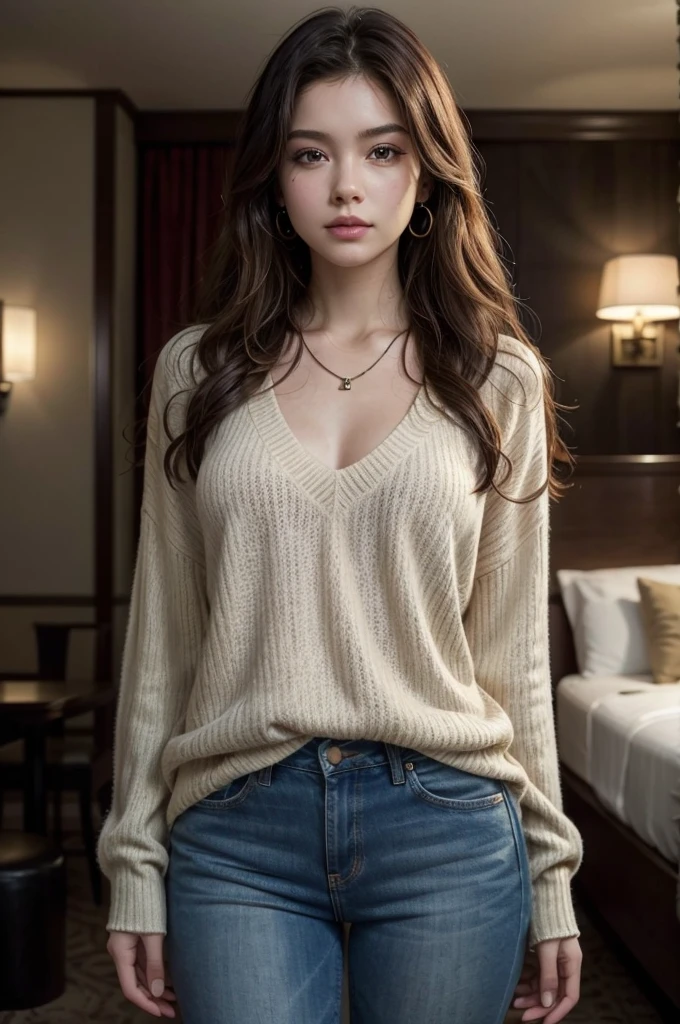 (masterpiece:1.2, highest quality), (Realistic, photoRealistic:1.4), (Natural Side Lighting, Cinema Lighting), Written boundary depth, Beautiful thighs staring at the viewer, (Face Focus, Upper Body), 1 female, 20-year-old, alone, (With background Hotel Rooms) , slender body, Long Hair, Curly Hair, amount, sweater, jeans, Earrings, necklace, Are standing,