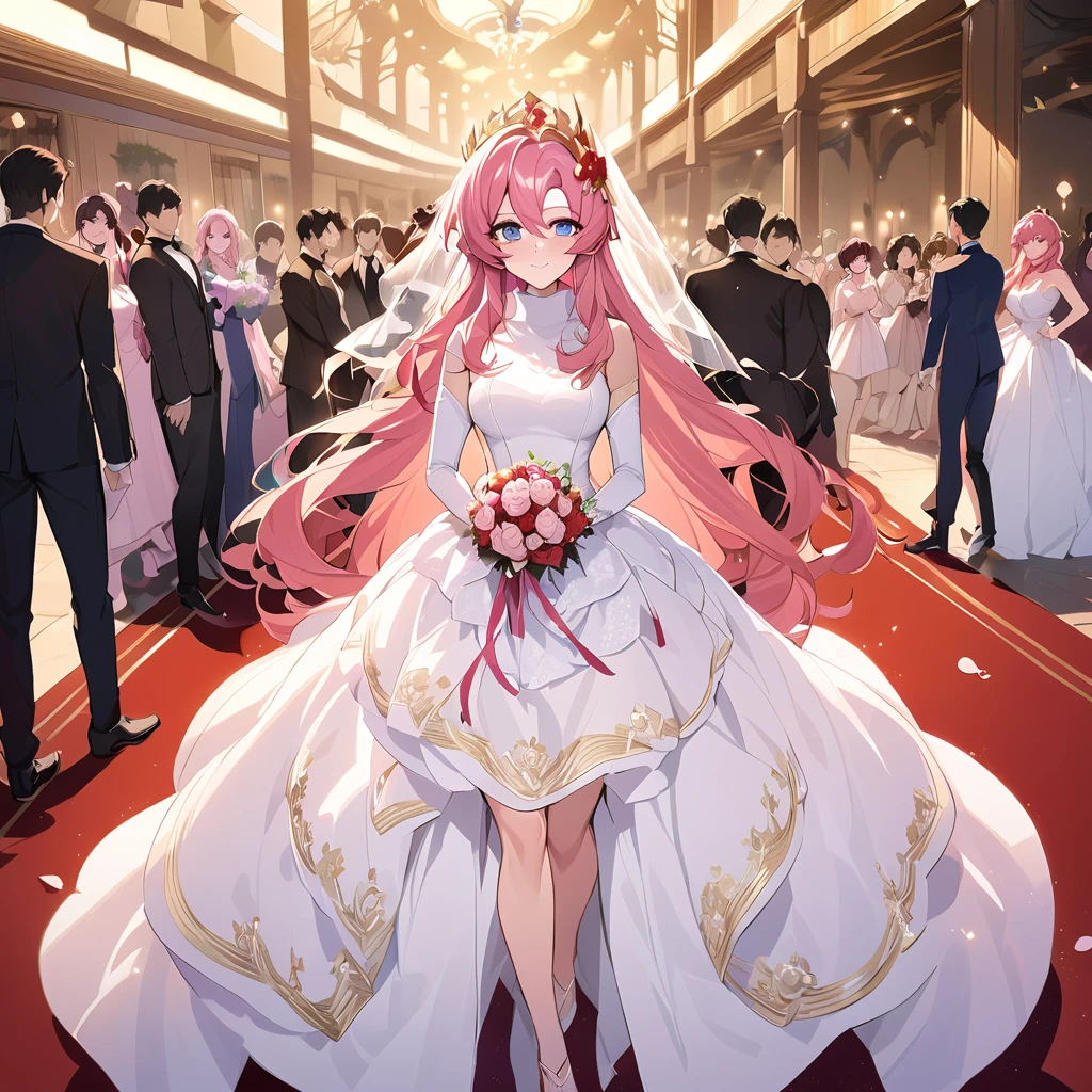 ((Highest quality)), ((masterpiece)), (detailed), （Perfect Face）、The woman, Lacus Ram Tao, is happily walking down the red carpet aisle, embraced by Orpheus, a handsome man with blue eyes, medium-long pink hair, and slightly longer blonde hair wearing a white tuxedo.、The woman is Queen of Accord, wife of King Orpheus of Accord, wearing a vintage wedding dress and wedding veil with gorgeous gold embroidery and trim, an engagement ring, beautifully decorated accessories, and gorgeous hair ornaments. She is named Lux Lam Tao and has medium-long pink hair.、Beloved wife of Orpheus, King of Accord