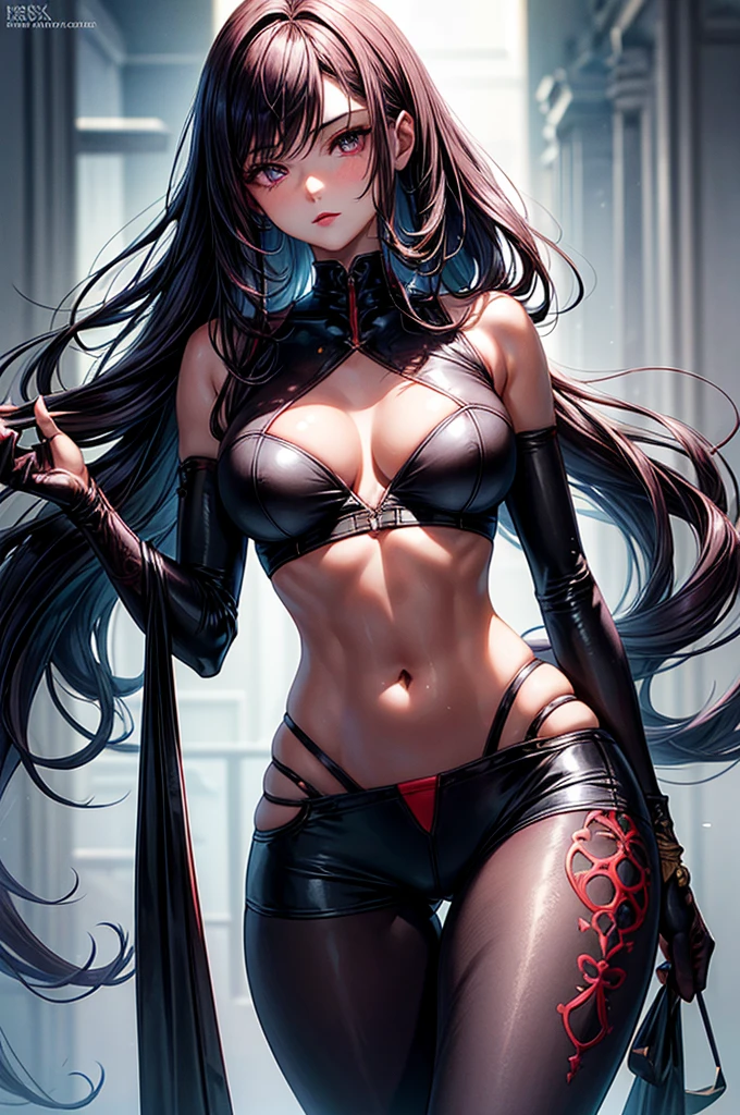 ((highest quality)),(ultra high resolution),(Super detailed), (best work of art), (ung girl:1.5), beautiful and well-shaped face:1.5,(Beautiful skin with precise and detailed depiction:1.6),(sports bra and waist band nylon shorts ),gorgeous, masterpiece, best quality, high-resolution, finely detailed, extremely detailed and beautiful, distinct-image, hourglass figure,, 1 girl, 18 year old teen, solo, sharp facial features, oval shaped face. cherry red lips,. velvet-colored eyes, C-cup breasts, tall height(175cm), slim curves, toned body type, flowing waist length ink-black dark violet hair, small narrow waist, long and slender legs, curvy wide hips, modern athletic setting, lightly tanned white skin