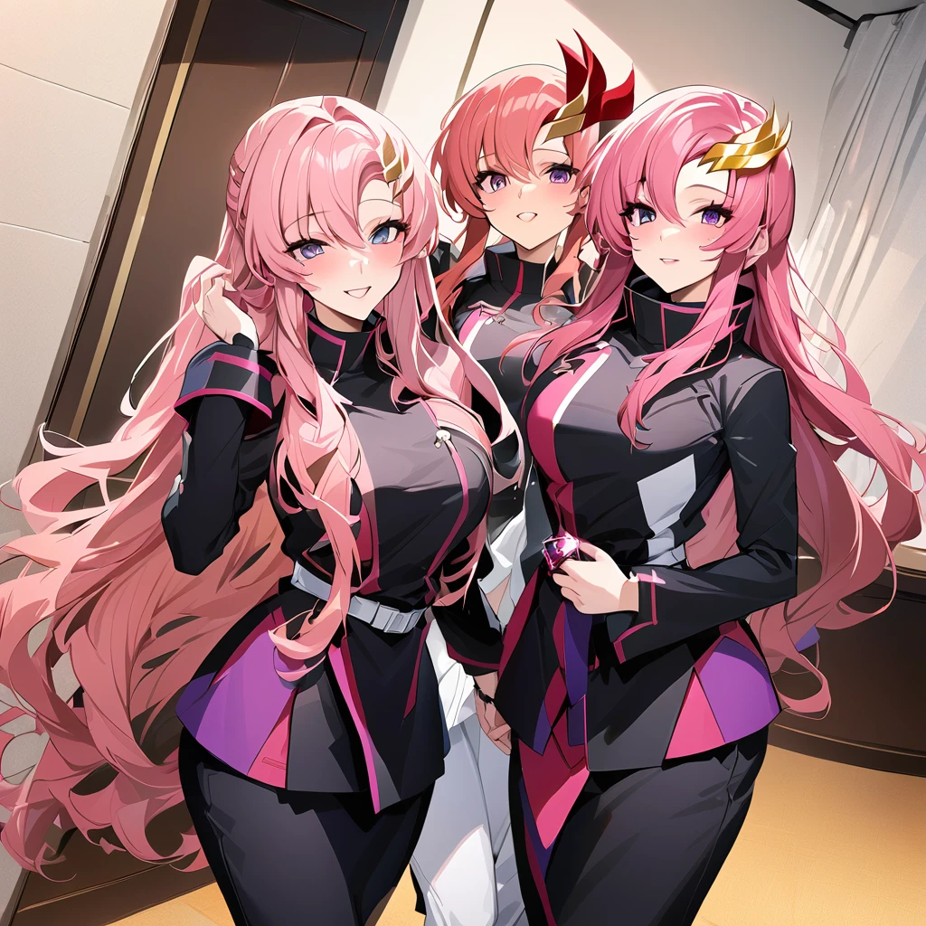 ((Highest quality)), ((masterpiece)), (detailed), （Perfect Face）、The woman is Lacus Clyne, a member of the Foundation and wife of Orpheus, King of the Accord, wearing the Black Knights Code uniform, an engagement ring, beautifully decorated accessories, and a gorgeous hair ornament. She has medium-long pink hair.、Beloved wife of Orpheus, King of Accord