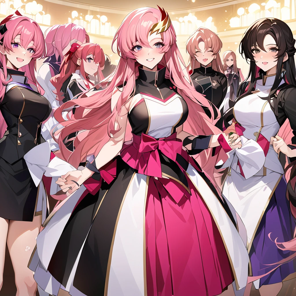 ((Highest quality)), ((masterpiece)), (detailed), （Perfect Face）、The woman is Lacus Clyne, a member of the Foundation and wife of Orpheus, King of the Accord, wearing the Black Knights Code uniform, an engagement ring, beautifully decorated accessories, and a gorgeous hair ornament. She has medium-long pink hair.、Beloved wife of Orpheus, King of Accord