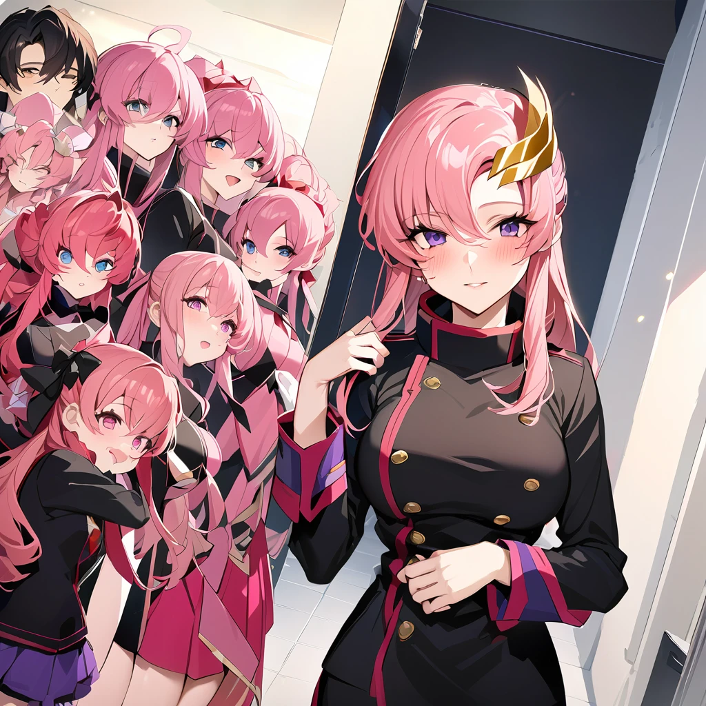 ((Highest quality)), ((masterpiece)), (detailed), (Perfect Face)、The woman is Lacus Clyne, a member of the Foundation and wife of Orpheus, King of the Accord, wearing the Black Knights Code uniform, an engagement ring, beautifully decorated accessories, and a gorgeous hair ornament. She has medium-long pink hair.、Beloved wife of Orpheus, King of Accord