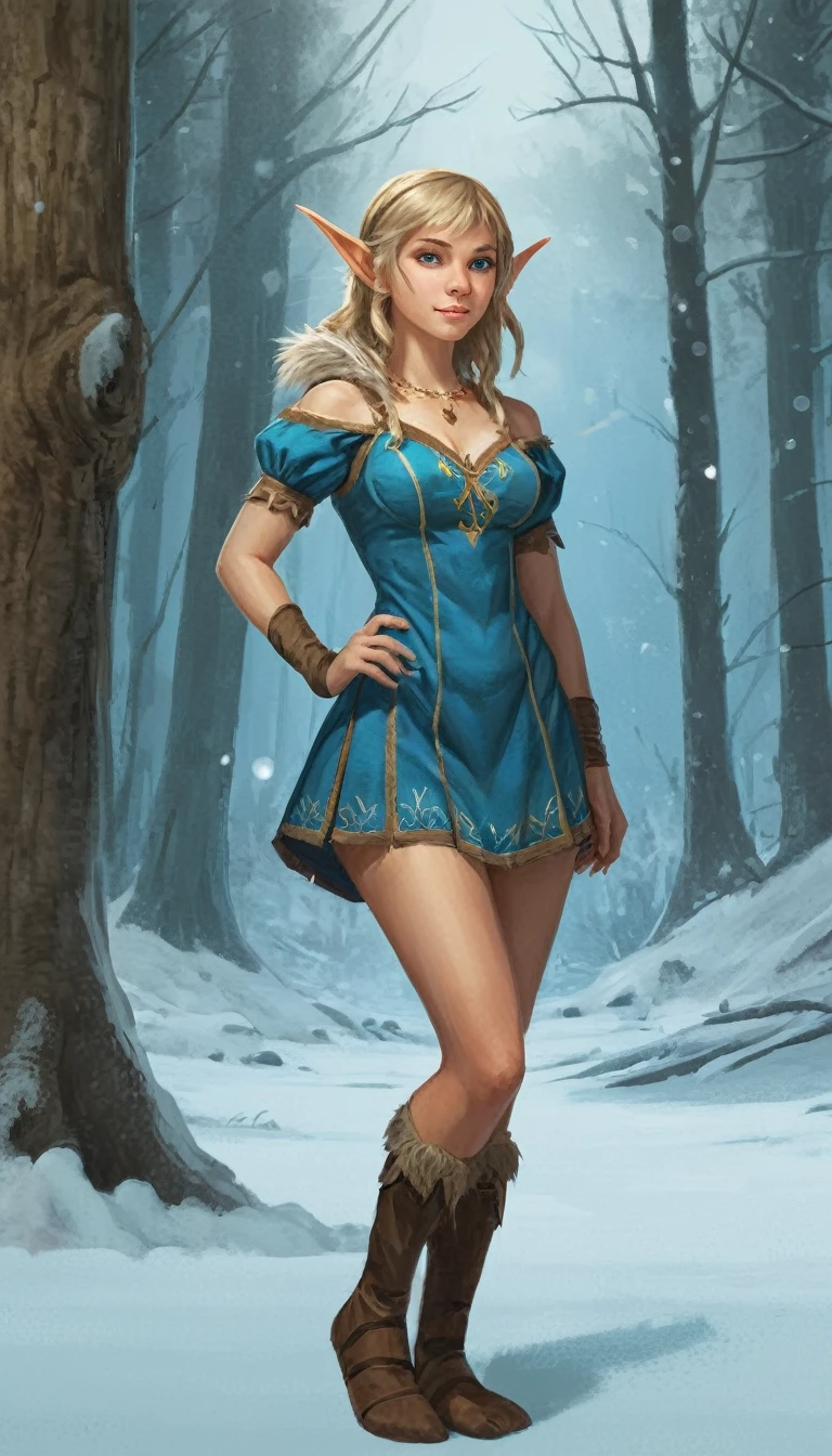 An illustrated movie poster, hand-drawn, full color, a age elven girl, wearing a corduroy mini-dress, sun-tanned complexion, very tall, athletic body, hourglass figure, curvy, huge breasts, slightly chubby, bottom-heavy, generous hips, massive bubble-butt, long legs, ridiculously thick powerful thighs, bright blue eyes, long pointy elf ears, ash blonde hair, shaggy bob, posing in a snowy forest, hard shadows, graphite shading, stencil marks, airbrushed acrylic paint, masterpiece, in the style of Breath of the Wild