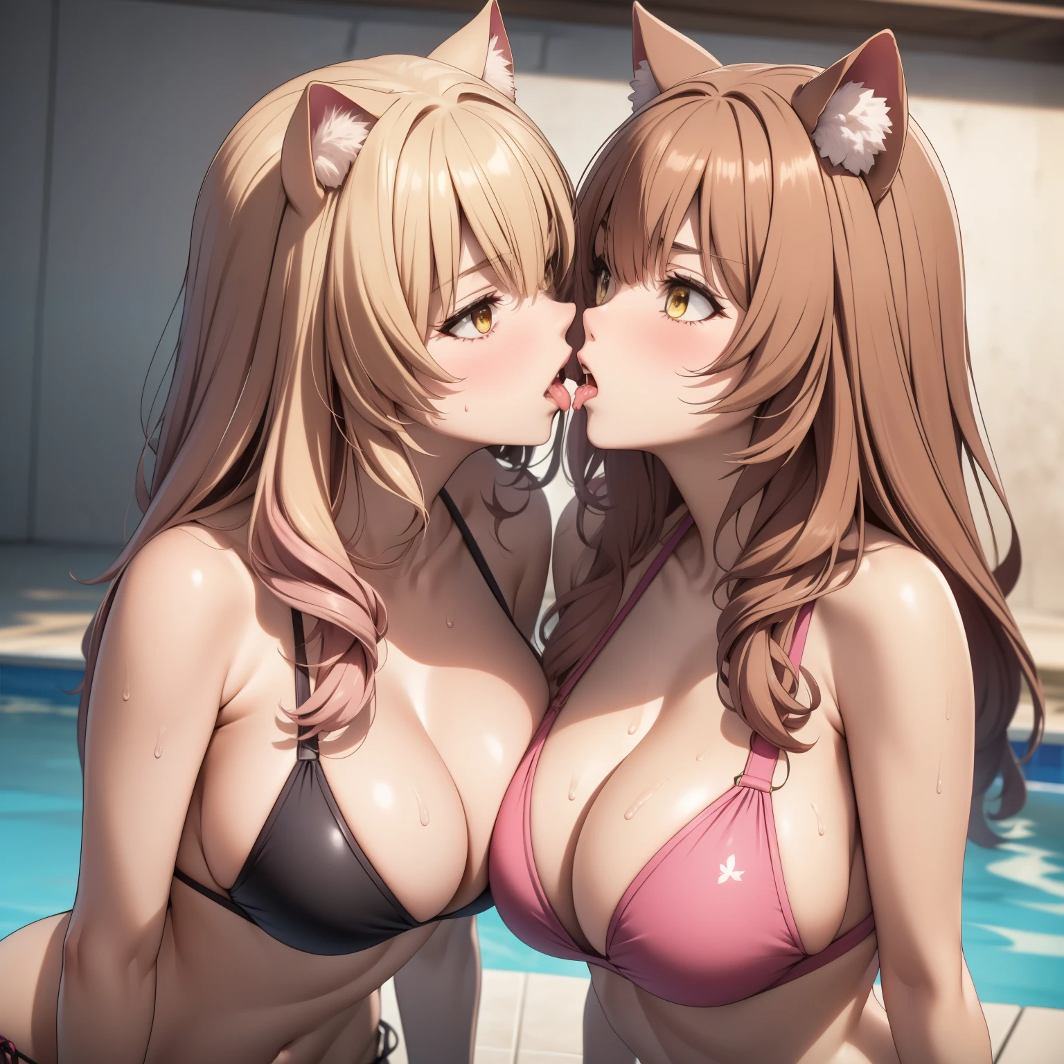 Raphtalia. cabello naranja, ojos rojos orejas de oso, pechos grandes, and Suzuka Gozen , cat ears, yellow eyes, blonde hair with pink tips, big breasts, dos mujeres, expression of fury open mouth, frown, pink bikini, big breasts, kissing, kiss con lengua, kiss. fondo una piscina. sweaty bodies, kiss saliva. cuerpos mojados, rubor.