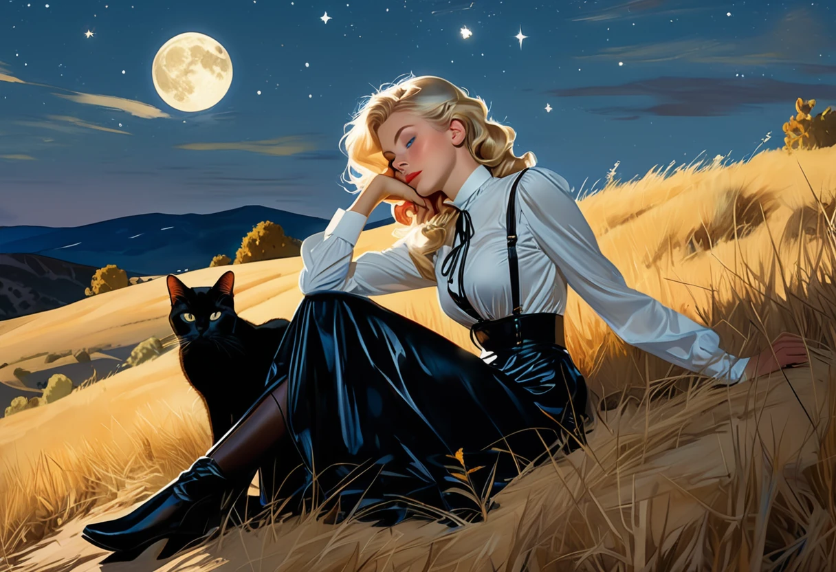 Photo of a blonde Woman, blue eyes, lying on a moonlit hill, stargazing at the vastness of the universe. A black cat is sitting beside her. Style by J.C. Leyendecker. Canon 5d Mark 4, Kodak Ektar, 35mm, raw file