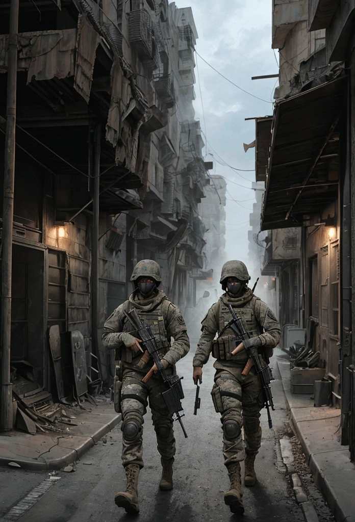 Military men with an asssault rifle patrolling in a post-apocalyptic city