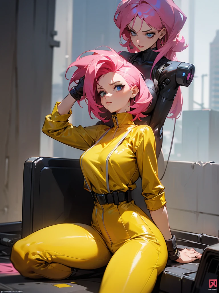 Mature woman with serious look, Facial Focus, big pink hair, shining blue eyes, wearing a mustard yellow jumpsuit, breasts big, looking 35 years old, eye on the spectator, look to the camera, , the background is a cyberpunk battlefield, Free hands, thick-thighs, ((look ahead)), Masterpiece artwork,
