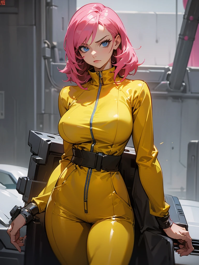 Mature woman with serious look, Facial Focus, big pink hair, shining blue eyes, wearing a mustard yellow jumpsuit, breasts big, looking 35 years old, eye on the spectator, look to the camera, , the background is a cyberpunk battlefield, Free hands, thick-thighs, ((look ahead)), Masterpiece artwork,
