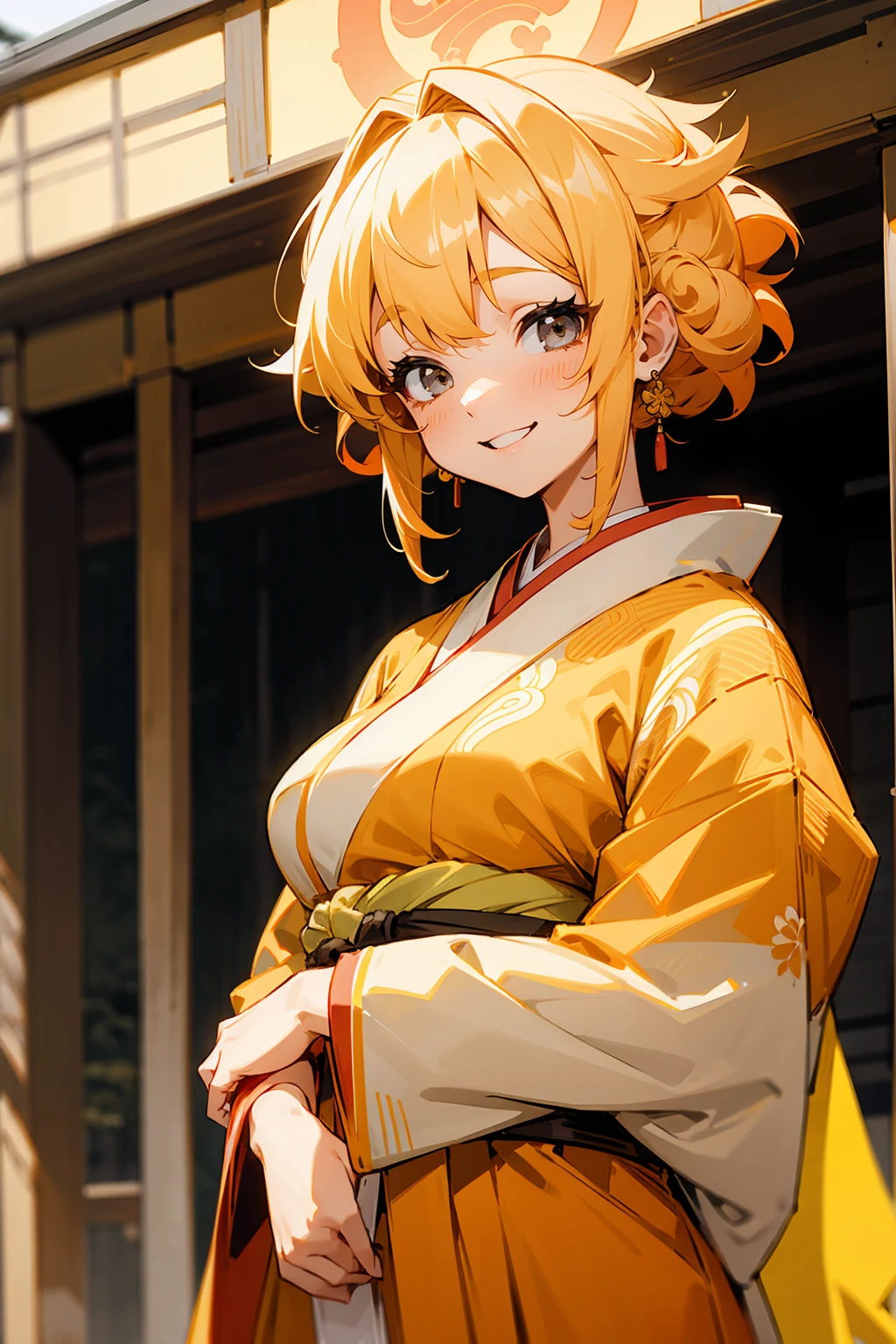 1female, Bright Pastel Yellow Hair, Red Yukata, Curly Hair, Yellow Sash, Traditional Japanese Attire, Grey Eyes, Smiling, Tall, Adult Female
