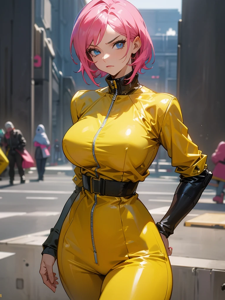 Mature woman with serious look, Facial Focus, big pink hair, shining blue eyes, wearing a mustard yellow jumpsuit, breasts big, looking 35 years old, eye on the spectator, look to the camera, , the background is a cyberpunk battlefield, Free hands, thick-thighs, ((look ahead)), Masterpiece artwork,