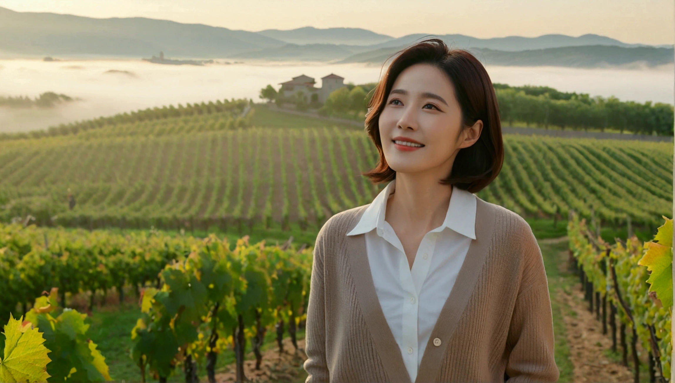 best quality, In 8K, 32K, Photo of a beautiful 36-year-old Korean woman, short medium hair, Inspired by Son Ye-jin, whole body, face focus, Shirt that goes up to the neck and a short cardigan from a luxury brand, beige casual pants, Italian countryside vineyard background, Ranged、make a happy face, 새벽 진한 한개속 The cathedral is visible in the distance, There is thick fog, path, looking up the side, Wear a shirt that covers your chest, The cathedral is visible in the distance, Photo of endless vineyard scenery, look up the side. thick dawn fog, Well-groomed hair, Photo of an elegant and modest woman, Endless vineyards, Vivid picture quality, Clear picture quality, The cathedral is visible in the distance. 언덕 위 path, shirt that covers the chest