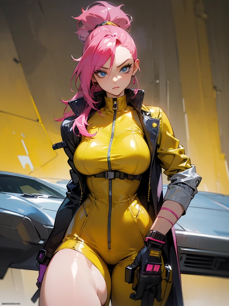 Mature woman with serious look, Facial Focus, big pink hair, shining blue eyes, wearing a mustard yellow jumpsuit, breasts big, looking 35 years old, eye on the spectator, look to the camera, , the background is a cyberpunk battlefield, Free hands, thick-thighs, ((look ahead)), Masterpiece artwork, Cyberpunk war scenario, shooting machines