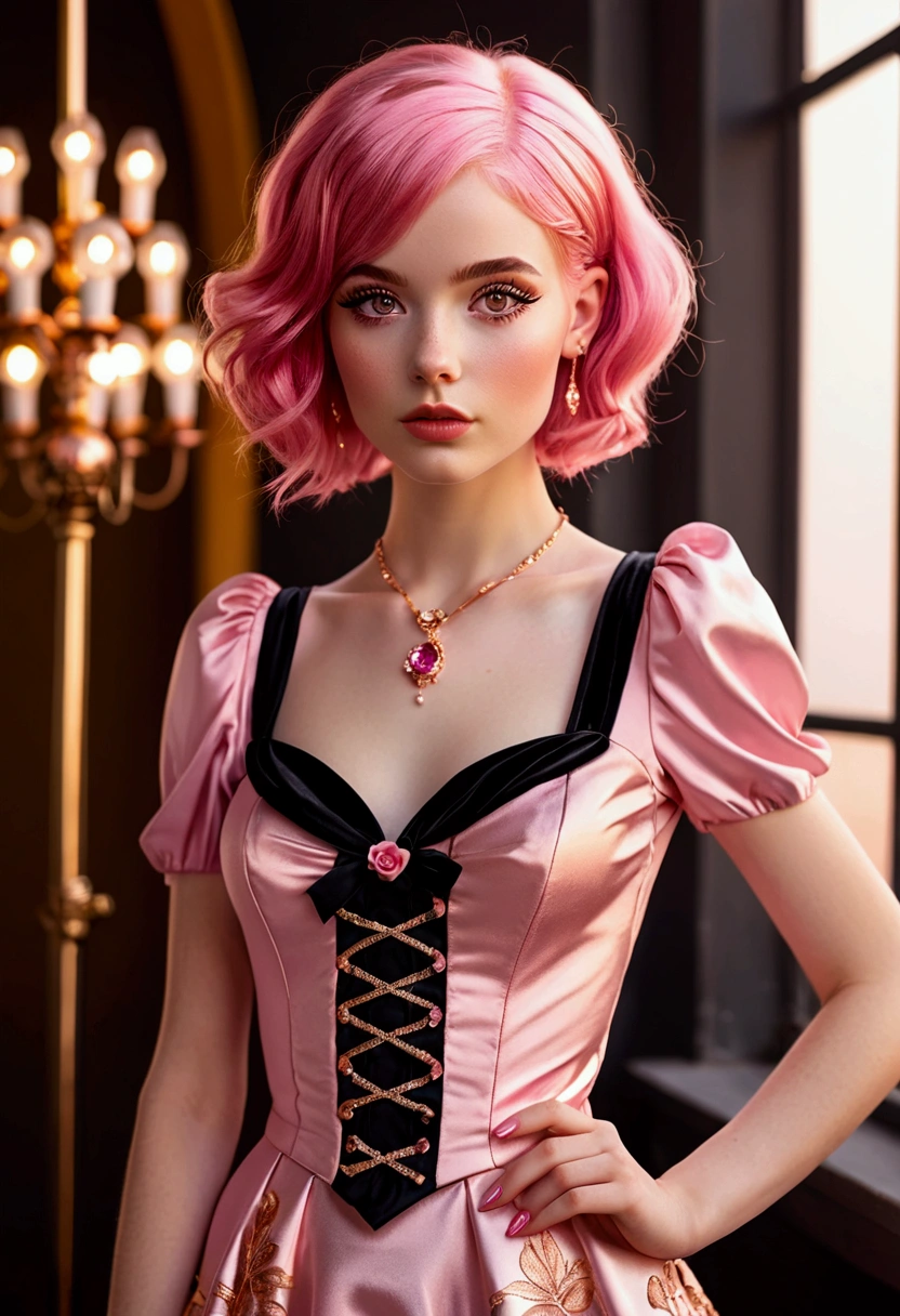 Adorable fair skinned pink haired magenta eyed European  and slender young woman pink gold rose gold color theme outfit