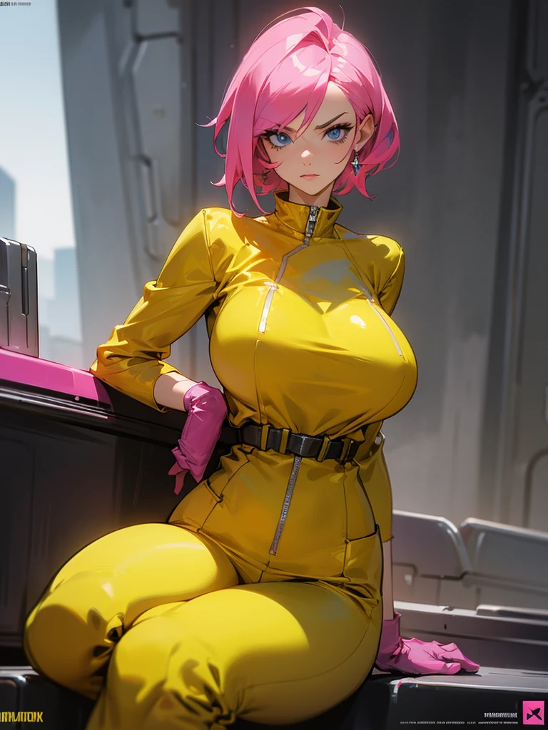 Mature woman with serious look, Facial Focus, big pink hair, shining blue eyes, wearing a mustard yellow jumpsuit, breasts big, looking 35 years old, eye on the spectator, look to the camera, , the background is a cyberpunk battlefield, Free hands, thick-thighs, ((look ahead)), Masterpiece artwork,