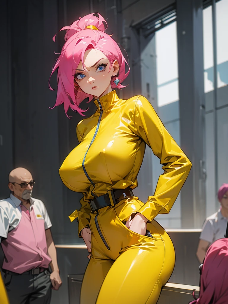 Mature woman with serious look, Facial Focus, big pink hair, shining blue eyes, wearing a mustard yellow jumpsuit, breasts big, looking 35 years old, eye on the spectator, look to the camera, , the background is a cyberpunk battlefield, Free hands, thick-thighs, ((look ahead)), Masterpiece artwork,