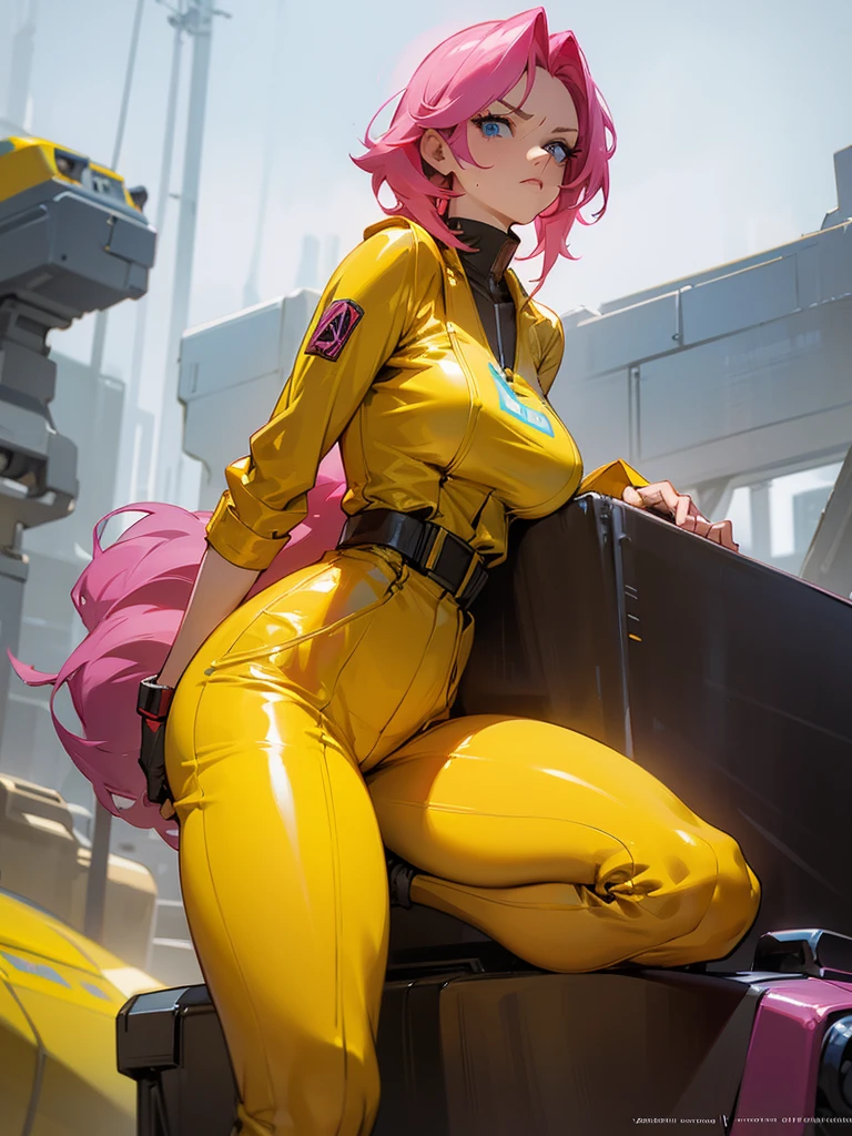 Mature woman with serious look, Facial Focus, big pink hair, shining blue eyes, wearing a mustard yellow jumpsuit, breasts big, looking 35 years old, eye on the spectator, look to the camera, , the background is a cyberpunk battlefield, Free hands, thick-thighs, ((look ahead)), Masterpiece artwork,
