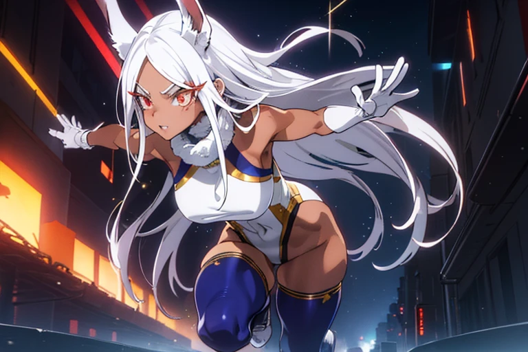 city,Cinematic,flame in background,Burning ruins falling to the bottom of the sky,
final battle,night,Sparks fly,Reflection of the flames,sparkle, light particles,
Rumi Usagiyama, long hair, animal ears, white hair, rabbit ears, dark-skinned female, muscular,
rabbit girl, muscular female, (red eyes:1.5), (parted bangs:1.5), (complete anatomy),
High resolution,Sharp focus,(Super detailed,Very detailed),(Very detailed CG unity 8k wallpaper),(((Vibrant colors))),{best illustration},
Complex eyes,Beautiful Eyes,Symmetrical eyes,Big eyes:1.5,Seductive eyes, (((dark skin,dark_skin,lustrous skin:1.5,bright skin: 1.5,
skin tanned, shiny skin,very shiny skin,Shiny body,plastic glitter, skin,exaggerated shiny skin,illuminated skin))),Perfect Fingers,
(Detailed body),(Detailed face)), cute,Lewd,erotic,Bold,Camel Toe,Revealing clothing,show skin,
(Huge hips:1.1),(Huge breasts, Glamour:1.2),
Arrogant look, Domineering smile, Baring teeth,
thigh highs, gloves, sleeveless, white gloves, leotard, turtleneck, high leg, high leg leotard, fur collar, sleeveless turtleneck,
turtleneck leotard, sleeveless turtleneck leotard, crescent print,
sweat,
squat, Spread your legs,Put one hand on the ground, Look to the side,