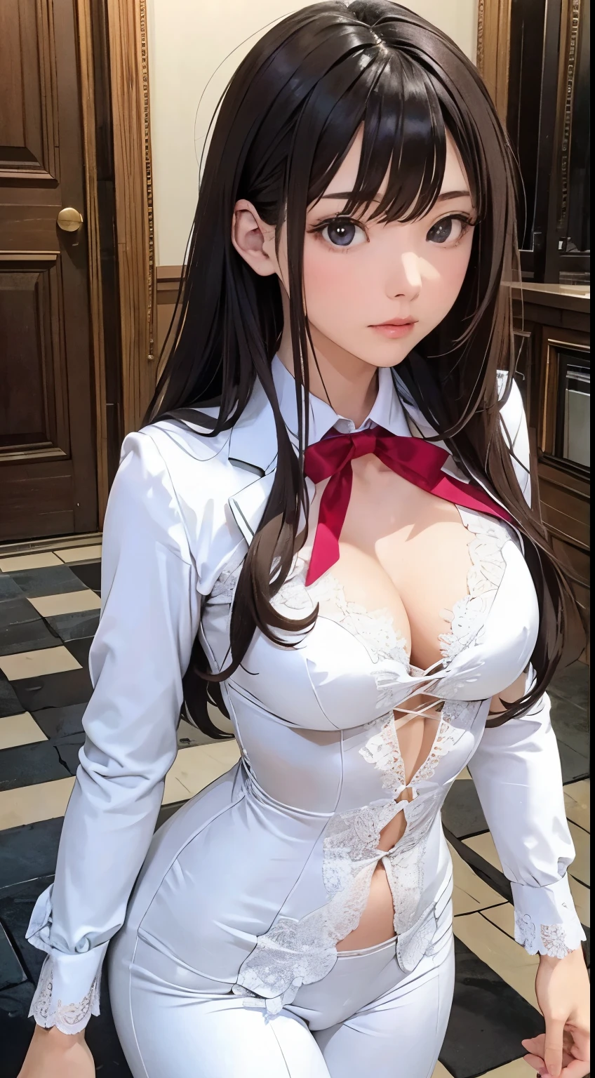 (One girl, lawyer:1.3), Cinematic Light, (masterpiece, Highest quality, Highest quality, Official Art, beautifully、aesthetic:1.3), Very detailed,Most detailed,(Very detailed),((Very delicate and beautiful)),
From above,(( Standing in court)),
alone, chest, Silky long hair, (Brown Hair), Roses are scattered on the floor,
Lace-up bodice suit, 開いたchest, White inner, pants suit