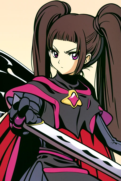 (Highest quality), Dark fantasy, Big sword, Magical girl, Gothic, Twin tails, Realistic, Super detailed, High resolution, anime,