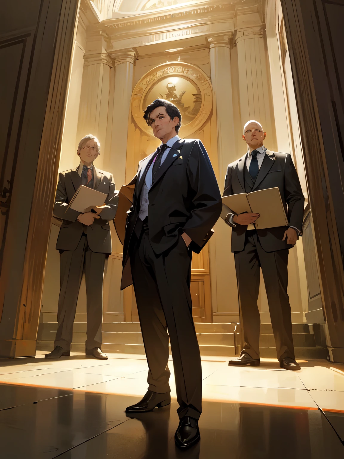 Lawyers standing, the courthouse, masterpiece, best quality, high resolution, detailed,