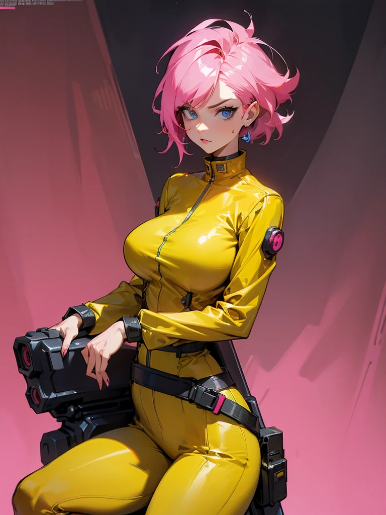 Mature woman with serious look, Facial Focus, big pink hair, shining blue eyes, wearing a mustard yellow jumpsuit, breasts big, looking 35 years old, eye on the spectator, look to the camera, , the background is a cyberpunk battlefield, Free hands, thick-thighs, ((look ahead)), Masterpiece artwork,
