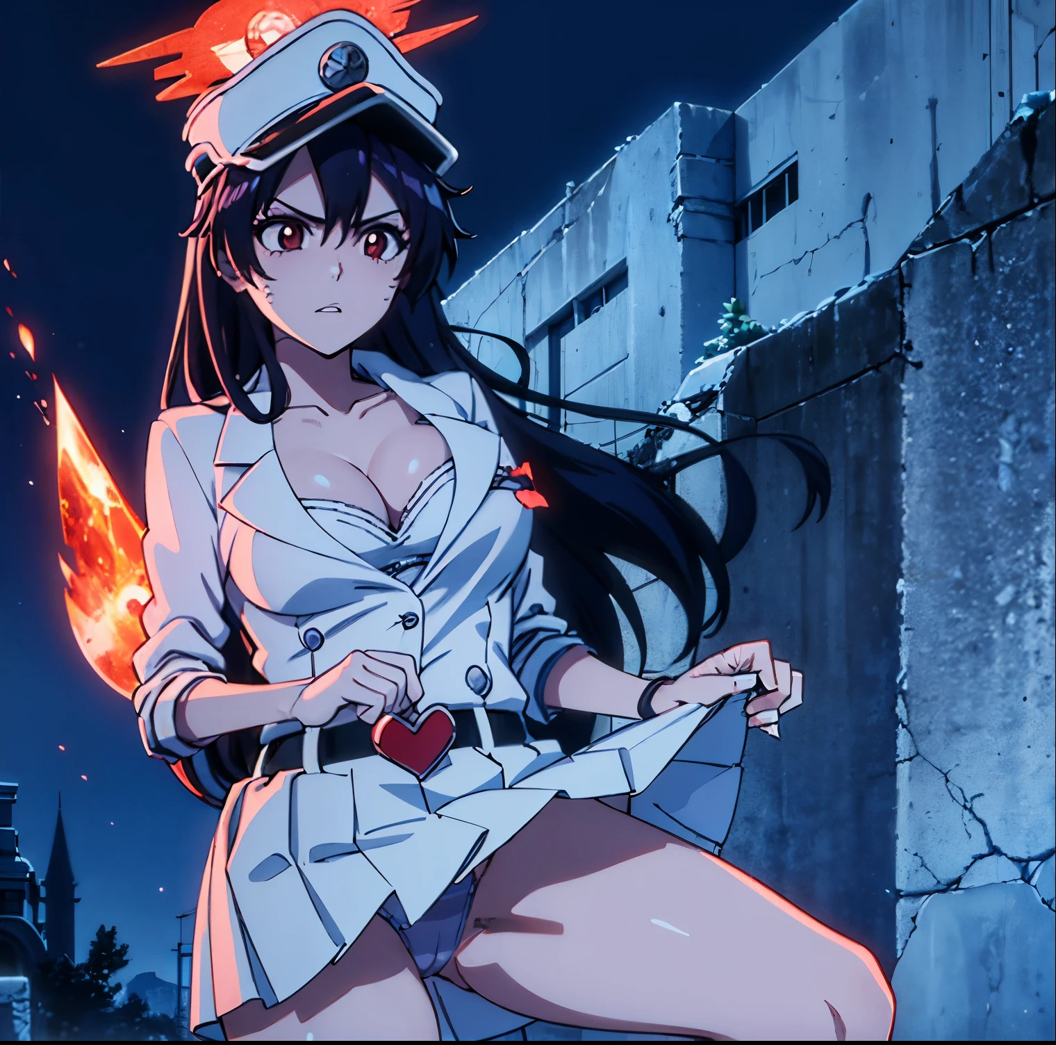 ((1girl)),((alone)),Bambietta Basterbine,(masterpiece), (best quality), (ultra detailed), (best illustration), (best shadow), (absurdities), sharp focus, cowboy shot , dynamic posture looking at the viewer, big breasts, narrow waist, wide hips, wide thighs, round butt, erotic, romantic, (very detailed eyes, lips 1.1), very detailed eyes, eyes, Very detailed face, Very beautiful face, height full, beautiful slim figure, femininity, expressive appearance, elastic big breasts, increased sexuality, military uniform, white military shape, ((cleavage)), pleated skirt, short skirt, bare thighs, deep brown eyes, white skirt, fire, flame , cap with white visor, military cap, white boots, boots below the knees, long black hair, defined body, perfect and beautiful body, perfect and beautiful, closed mouth, calm expression, blushing, (sexy pose: 1.2 ), ((solo)), standing: 1.3, outdoor, cityscape:1.4, streets:1.3, city:1.3, night:1.3, city lights:1 .4,looking forward,((skirt lift)),((focus on panties)), point of view (from below), red blush, perfect anatomy, perfect hands,