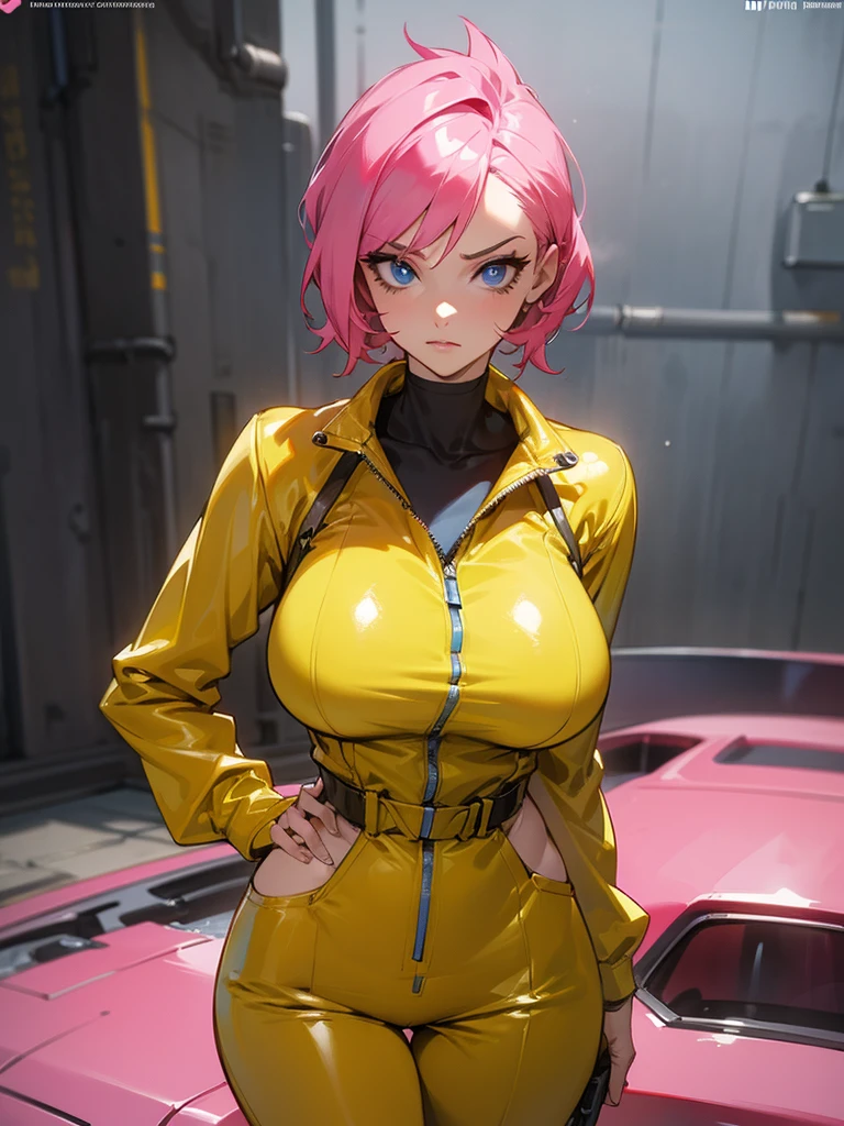 Mature woman with serious look, Facial Focus, big pink hair, shining blue eyes, wearing a mustard yellow jumpsuit, breasts big, looking 35 years old, eye on the spectator, look to the camera, , the background is a cyberpunk battlefield, Free hands, thick-thighs, ((look ahead)), Masterpiece artwork,
