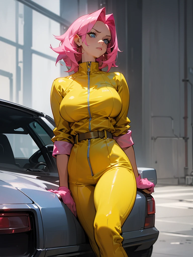 Mature woman with serious look, Facial Focus, big pink hair, shining blue eyes, wearing a mustard yellow jumpsuit, breasts big, looking 35 years old, eye on the spectator, look to the camera, , the background is a cyberpunk battlefield, Free hands, thick-thighs, ((look ahead)), Masterpiece artwork,