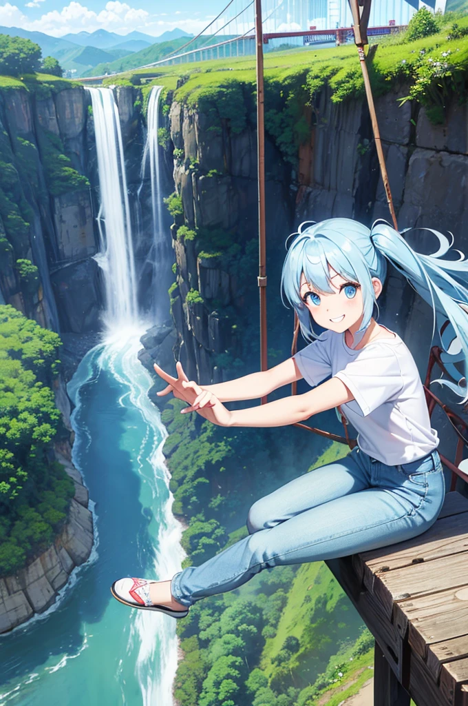 Light blue long hair、Beautiful girl with twin tails、Bright smile、T-shirt and denim pants、Crossing a suspension bridge over a valley、From the top of the suspension bridge、Looking fearfully into the valley